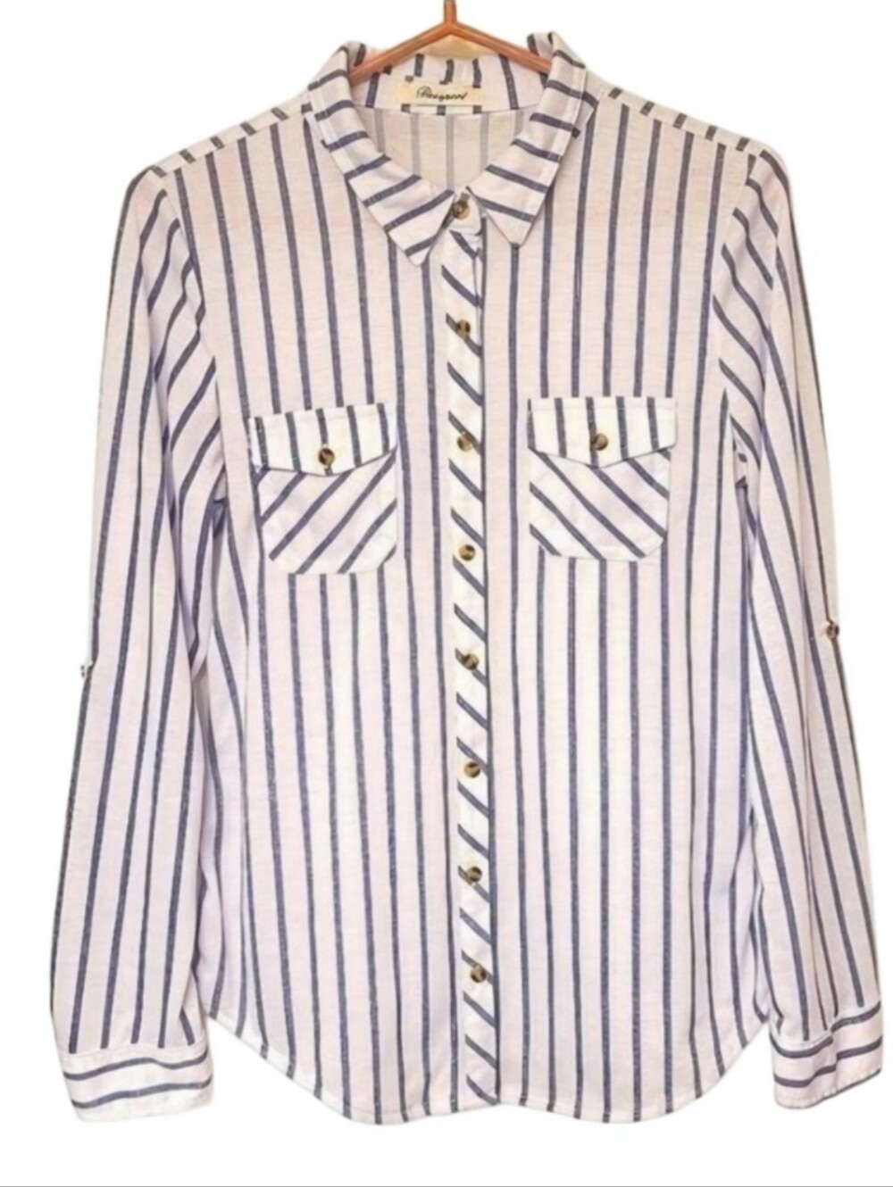 Passport Cobalt Blue Nautical Striped Button Down Shirt Long Sleeves Pockets